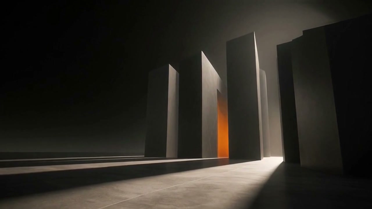 Monumental graphite planes opening toward a warm orange horizon